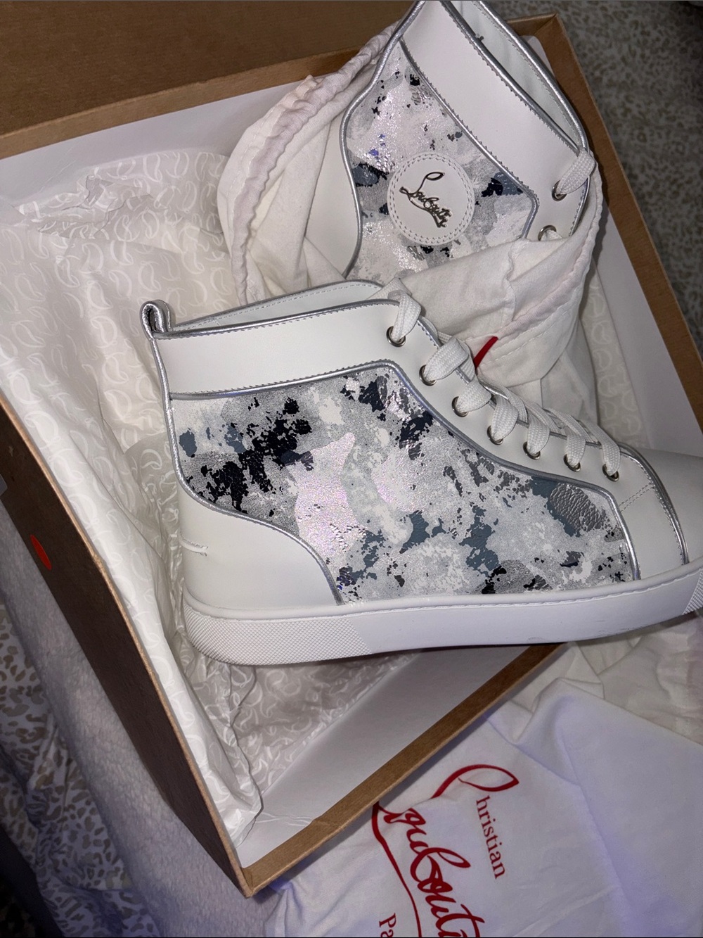 Christian Louboutin White Silver Metallic Camo High Top Sneakers